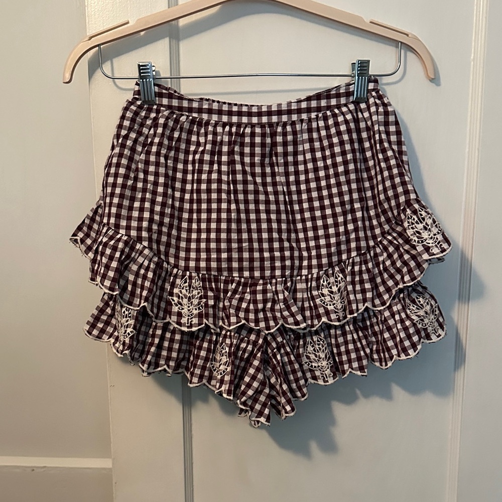 River Island Burgundy and White Gingham Ruffle Skort